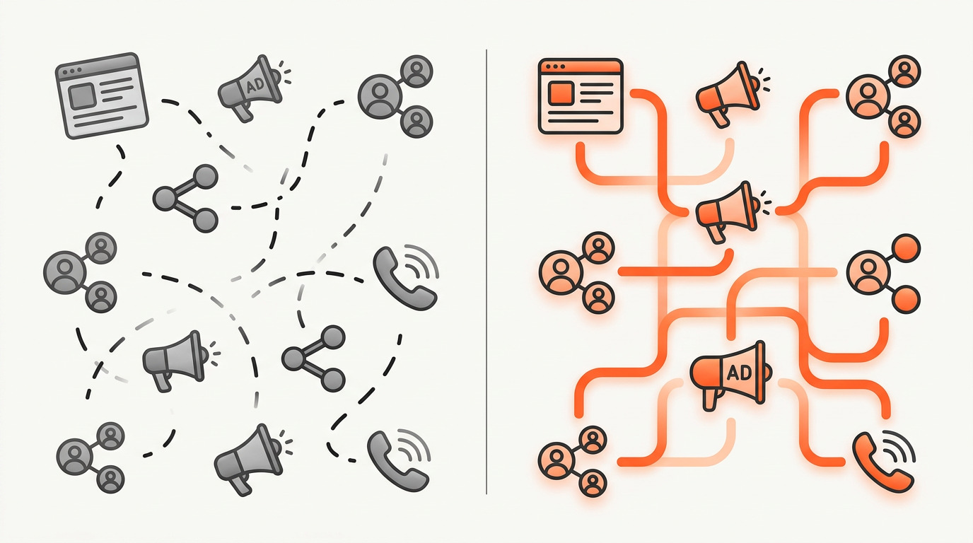 Comparación entre acciones de marketing sueltas y un sistema conectado